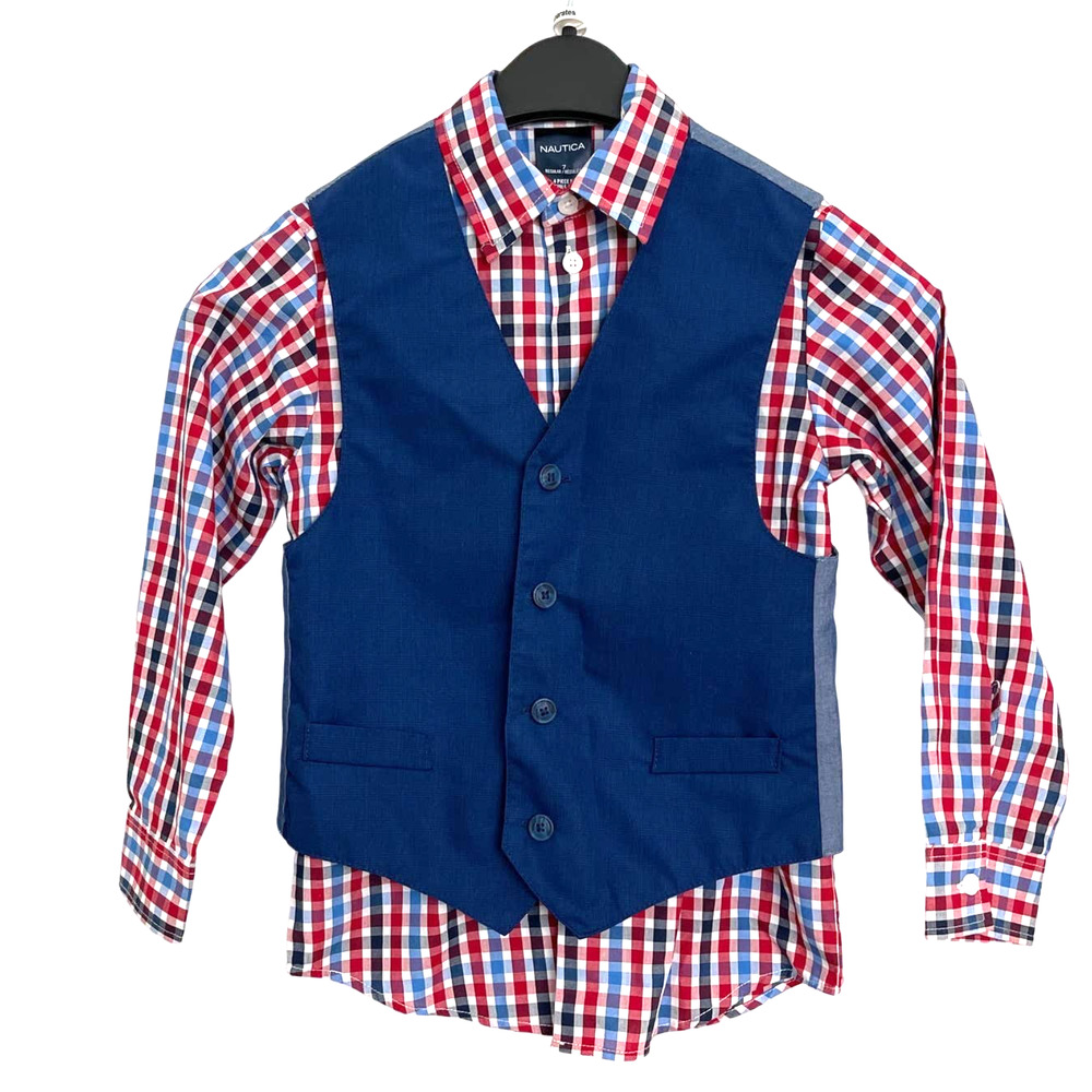 Nautica Button Up Shirt with veste Boys Sz 7 rarely used